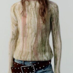 Zara Alpaca Wool Sweater NWT Abstract Tie-Dye Crewneck Green Women's Small